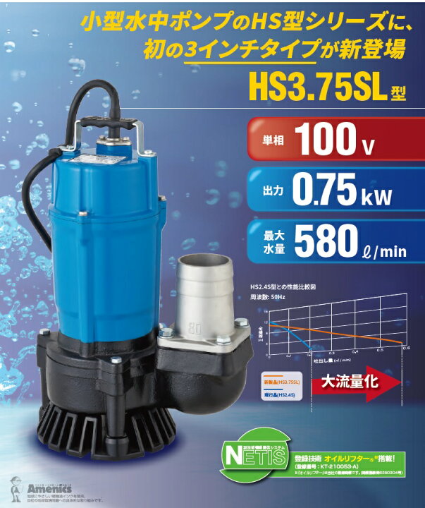 楽天市場】ツルミポンプ 水中ポンプ 100V 強力 大水量 排水ポンプ HS3 