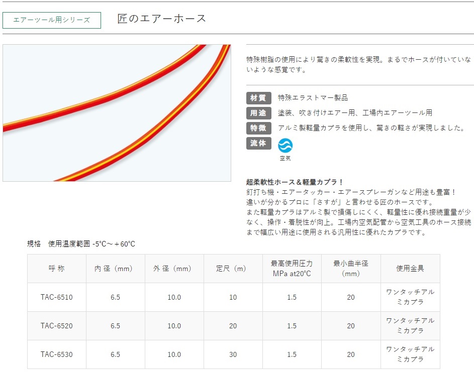 楽天市場】十川産業 超柔軟 エアーホース 6.5mm×10m 日本製 TAC-6510