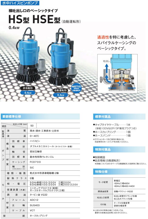 楽天市場】ツルミポンプ 水中ポンプ 100V 200V 汚水 排水ポンプ HS2.4S  