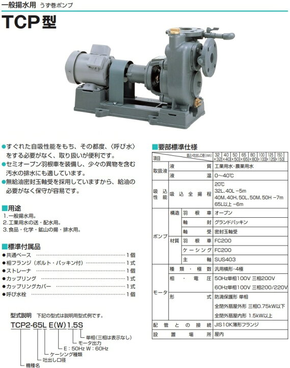 楽天市場】ツルミポンプ 自吸式 うず巻ポンプ TCP2-50LW0.75-P 60HZ 