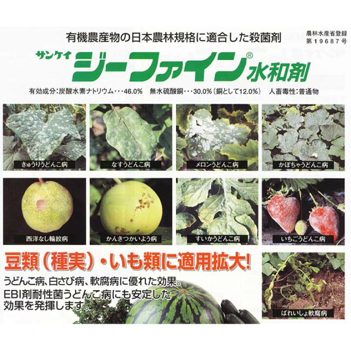 楽天市場 殺菌剤 ジーファイン 水和剤 500g 農薬 薬剤 サンケイ 野菜 うどんこ病 白さび病 軟腐病 ｓ ｓ ｎ
