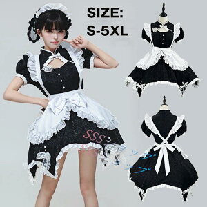メイド服 可愛い ロリータ コスプレ チャイナ風 半袖 フリル ウェイトレス レディース エプロン 黒 ブラック スカート ワンピース カチューシャ 仮装 変装 ハロウィン 衣装 女の子 コスチュ