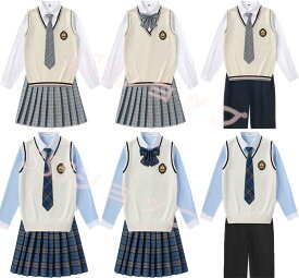 jk 制服 5点セット ニットベスト　制服 リボン　チェック柄 プリーツスカート　女子 スカートセット 男子ズボンセット 入学 高校 中学 学生服　なんちゃって制服 女子高生スカート レディース 制服 セット 男子制服セット カップルセットXS-4XL