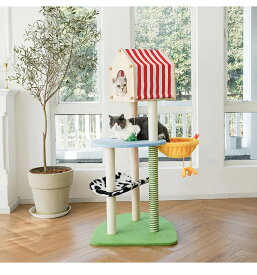 【コンパクト設計】省スペース猫タワー 多機能ハウス付き2段ジャンプ台 天然麻ロープ仕様（小型住宅/マンション向け） 通年使える隠れ家&遊び場一体型 猫用家具