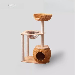 天然木×籐編み 省スペース大型キャットタワー サイザル麻巻き ハンモック付き ワンルーム対応 オールシーズン猫用家具 安定感抜群のコンパクト設計