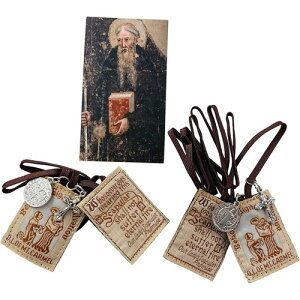 Saint Benedict Traditional Brown Scapular with Two Scapulars Drawstring Pouch and Holy Card �Z���g �x�l�f�B�N�g �g���f�B�V���i�� �u���E�� �X�J�v�����I 2�� �z�[���[�J�[�h �|�[�` �F�� �L���X�g�� ���x�l�f�B�N