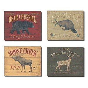 Deer Bear Beaver Moose Cabin Lodge Poster Prints 4set �f�B�A �x�A �r�[�o�[ ���[�X �L���r�����b�W �|�X�^�[ 4���Z�b�g �v�����g �A�[�g ���� ���� �r���e�[�W�� �r���e�[�W �A�����J �A�����J �A�[�g�|�X