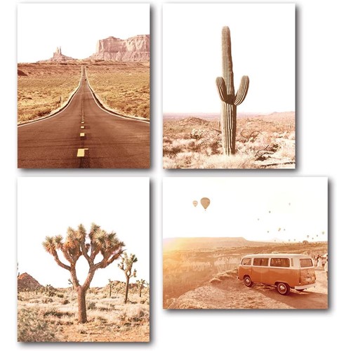 Desert Wall Art Prints 4枚セット 砂漠 ウォール アート プリント Cactus Classic Van Route 66  Road Hot Air Balloon アメリカン ポスター アメリカ 店舗 アートポスター インテリア サボテン カクタス クラシック バン 