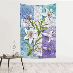 Easter Cross Tapestry He is Risen Lilies Wall Hanging �C�[�X�^�[ �N���X �^�y�X�g���[ �\���� �ǂ��� �G�� ���� �����[ �o�i�[ �C���e���A �X�� �J�t�F �L���X�g ������ �A�����J�G�� �A�����J���G��