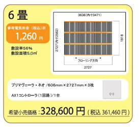 【6畳セット】アルシステム 電気式エコ床暖房 プリマヴェーラ・ネオ 6畳セット (敷き詰め率56％　5平米)　＊6畳の例です 安心・安全 床暖房　冷え性解消 血行促 進新陳代謝の活性化　初めて設置されます場合は、メーカー設置指導の訪問有