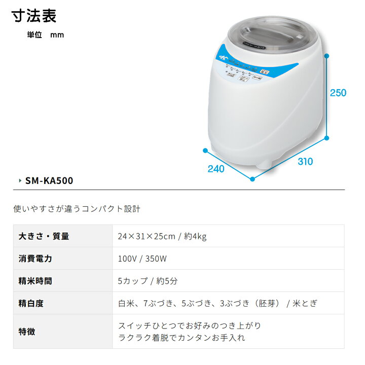 楽天市場】家庭用精米機 5合 家庭用 小型 精米機 SM-KA500 カンリウ 
