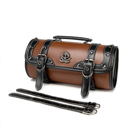 ツールバッグ オートバイ バイクバッグ 筒形 サドルバッグ ベルト付き バイカーバッグ スカル パンク 髑髏 ツーリング サイクリング フロント オフロード PUレザー ヴィンテージ レトロ おしゃれ かっこいい 工具入れ 小物入れ 荷物入れ ドライブ ブラウン 新入荷