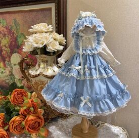BJDドール服 ロリータ ドレス ワンピース ヘッドドレス付き ブルー ホワイト レース リボン 1/4 1/6 1/3 対応 ブライスドール用 ロリィタ フリル ボンネット セット ハンドメイド 手作り衣装 可愛い 洋装 ドール用 衣替え 撮影 ディスプレイ コレクション用