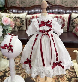 BJDドール服 クラシカルロリータ ワンピースセット ヘッドドレス付き ホワイト×レッド レースドレス かわいい アウトフィット 1/3 1/4 1/6 ブライス ステラルー ぬいぐるみ用 人形用ドレス 上品 お姫様風 ドール用衣装