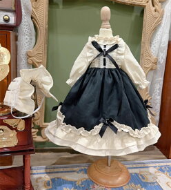 BJDドール服 ロリータ ワンピース セット 黒 白 ボンネット 長袖 クラシカル エレガント ドール用ドレス おしゃれ フリルレース ワンピース 1/3 1/4 1/6 ブライス アニメーターコレクション ステラルー ぬいぐるみ用 アウトフィット リボン付きドール服 ブラック ホワイト