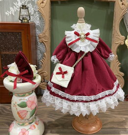 BJDドール服 ゴシックロリータ ワンピース ボンネット 帽子 バッグ セット 深紅 ベルベット 豪華ドレス 1/3 1/4 1/6 ブライス 秋冬コーデ レースリボン ぬいぐるみ用 アニメータードール 人形用衣装 クラシカルロリータ風 アウトフィット おしゃれ撮影用 コレクションドレス