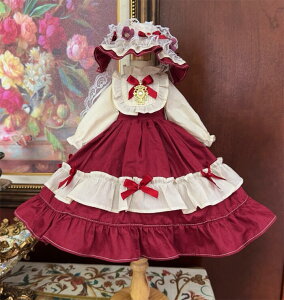 BJDドール服 ロリータ ドレス 帽子 衣装セット 1/3 1/4 1/6 ブライス ぬいぐるみ用 ワンピース 赤 白 クラシカル ゴシック風 ハンドメイド ドール 可愛い フリル レース ヘッドドレス付き 撮影会