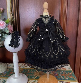 ドール服 BJD ゴシックロリータ ワンピース ブラックレース ドレス ヘッドドレス付き ドール用衣装 ゴスロリ 1/3 1/4 1/6 ブライス ぬいぐるみ用 高級レース ハンドメイド クラシック 黒ロリ フリル パール カチューシャ リボン付き 新入荷