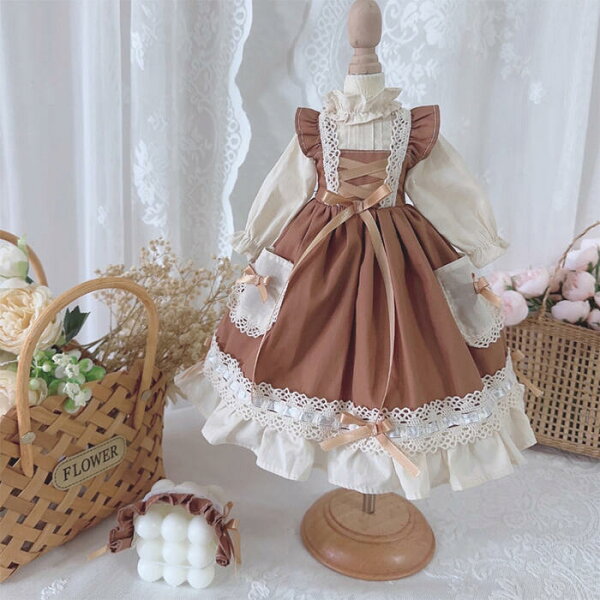 ドール服 ロリータ風 ワンピース エプロンドレス ヘッドドレス付き ブラウン クラシカル ナチュラル 1/3 1/4 1/6 BJD ブライス リカちゃん ぬいぐるみ用 コットン レース おしゃれ ハンドメイド ロリィタ 森ガール風 撮影用 ワンピース セット 新入荷