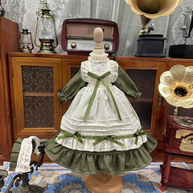 ドール服 エプロンワンピース ロリータドレス ヘッドドレス セット グリーン アンティーク風 メイド風 クラシカル BJD 1/3 1/4 1/6 ブライス ぬいぐるみ リカちゃん 姫系 アウトフィット ハンドメイド レトロ エレガント ドール用衣装 コットンレース