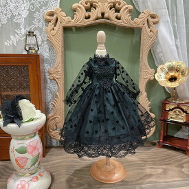 BJD ドール服 ゴシックロリータ ワンピース セット ブラックレース ハートチュール 長袖 レトロ可愛い ヘッドドレス付き 1/3 1/4 1/6 ブライス リカちゃん ぬいぐるみ 衣装 ゴスロリ ドール用ドレス 高級感 エレガント 大人可愛い おしゃれ