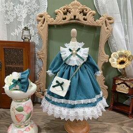 BJD ドール服 レトロ ロリータ ドレス セット 1/3 1/4 1/6 ブライス ぬいぐるみ ステラルー ベロア グリーン ワンピース ヘッドドレス付 レース フリル リボン パール付き 人形用衣装 クラシカル アンティーク風 ドールウェア 撮影用 コーデ おめかし ハンドメイド 新入荷