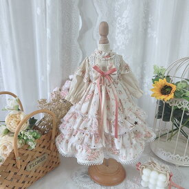 BJDドール服 小花柄レース ワンピース ドレス 1/3 1/4 1/6 ブライス ぬいぐるみ用 ヘッドドレスセット 撮影衣装 森ガール風 お姫様ドレス ゆめかわいい フリルドレス リボン付き ナチュラルロリータ風 ドール用ハンドメイド衣装