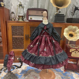 BJDドール服 ゴシック ロリータ風 ワンピースセット アンティーク調 レトロ 赤黒ドレス ボンネット付き 1/3 1/4 1/6 ブライス ドール用 ぬいぐるみ衣装 クラシカル 長袖 ドール撮影 ゴスロリ 可愛い ハンドメイド