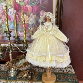 BJDドール服 ロリータ ワンピース＆ボンネットセット イエロー レース お姫様風 ドール用衣装 ドレス 1/3 1/4 1/6 ブライス アニメーター ぬいぐるみ対応 撮影用 豪華 ハンドメイド オーガンジー フリル リボン パール ロマンチック 姫系 甘ロリ ドールコスチューム 新入荷