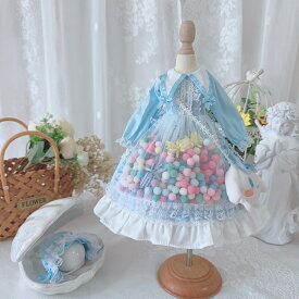 ドール服 シュガーカラー ポンポンワンピース ヘッドドレスセット ブルー レース オーガンジー フリル ロリータ風 お姫様スタイル bjd 1/3 1/4 1/6 ドール用 ぬいぐるみ ブライス 撮影会 衣装 ドールアウトフィット ハンドメイド 人形用ワンピース 春夏コーデ 可愛い 服