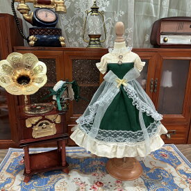 BJDドール服 クラシカル メイド風ドレスセット グリーン×アイボリー レースリボン付き 半袖ワンピース＆ヘッドドレス 1/3 1/4 1/6 撮影用 アウトフィット お姫様風 ロリータ アンティーク風 ドール用衣装 手作り かわいい エレガント コーディネートセット 新入荷