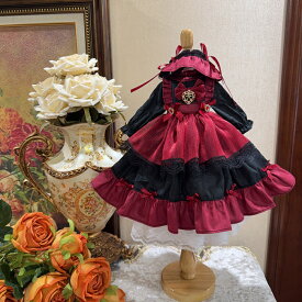 ドール服 ゴシックロリータ風 BJD ドール用衣装 ワンピース ワインレッド×ブラック ボンネット付き アウトフィット 1/3 1/4 1/6 ハンドメイド 光沢レースドレス ゴスロリ お嬢様風 撮影会用 ドールウェア おしゃれ かわいい ドール用コスチューム 新入荷