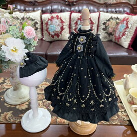 ドール服 ゴシックロリータ ドレスセット BJD　ゴスロリ ブラック ゴールド刺繍 レースワンピース 頭飾り お花飾り付き 豪華ドール衣装 1/3 1/4 1/6 ブライス ドール用 撮影会 黒ロリ 姫系 お姫様風 アウトフィット ハンドメイド ぬいぐるみ用 コットンレース