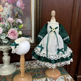 BJDドール服 グリーンベロア レースエプロンドレス 豪華2点セット 1/3 1/4 1/6サイズ対応 ぬいぐるみ用 衣装 メイド風 撮影用 クラシカルドレス アンティーク風 ヘッドドレス付き 手作り ドール用アウトフィット コスチューム ワンピース 撮影会や展示に 新入荷
