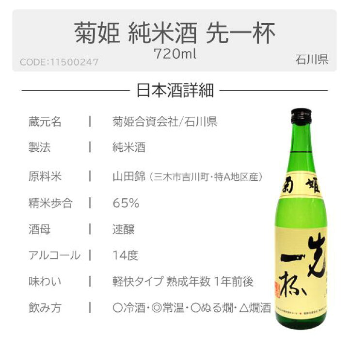 楽天市場】菊姫 純米酒 先一杯 まずいっぱい 720ml日本酒 四合瓶720ml 