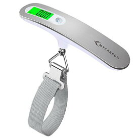 【当店限定！エントリーでポイント10倍】MYCARBON 荷物 旅行はかり LCC用 デジタル はかり 計量 器 携帯式デジタル スケール ステンレス仕上げ 最大50kgまで量れる 吊り下げ式ラゲッジチェッカー 旅行 アウトドア ホームに最適の秤 便利 軽量 風袋引き機能付 (シルバー)