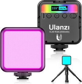 最新 Ulanzi VL49 RGB撮影ライト+三脚付き LEDビデオライト 卓上スタンド 359色RGBモード 明るさ調整が可能 9000k明るい白色光 2000mAh USB充電式 iphone/Gopro/Osmo Pocket/Samsung/Nikon/Canon/Sony/アクションカメラに適用