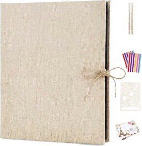 AIOR スクラップブック 手作り アルバム フォトアルバム 亜麻 写真アルバム フォトブック DIY 黒台紙 30枚/60ページ 結婚式 記念日 卒業 彼氏 子供 誕プレ プレゼント ベージュ
