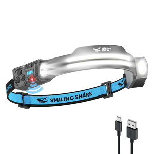 Smiling Shark �w�b�h���C�g TS-2 �y�����P�xCOB���C�g*2�E���߂ȏW�����C�g�z���P�x�w�b�h���C�g Type-C�[�d�� LED�w�b�h�����v ���� 5�Ɩ����[�h �_�� 270°�L�p�Ɩ� �l���Z���T�[�t�� 300°�p�x��