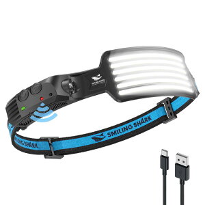 TD-0123 Smiling Shark LED �w�b�h���C�g, �y����*6�z USB�[�d�\ 6 �{���P�x�A�E�g�h�A�w�b�h�����v 230°�L�p�Ɩ� �W�� ���y�� IPX4 �h���h�o 8���ԘA���g�p�\ �L�����v �o�R �U�� �ނ� ��� ��d�p 