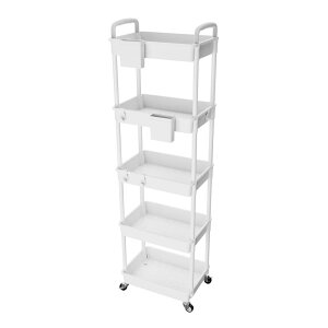 SIUSA キッチンワゴン ワゴン キャスター付き 5段 スリム 収納ワゴン 大容量 収納カート ハンドル/収納カップ付き ペットボトル収納 洗面所 台所 トイレ 浴室 冷蔵庫横 組立簡単 幅38×奥行27×