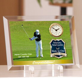 ホールインワン記念 「エンブレムネイビー ガラスプレート置き時計」 | ゴルフ,野球,サッカー,テニス,スポーツ優勝,達成記念