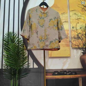 Tシャツ レディース トップス 半袖 【 春に 花が 咲く】 2025年 100 % 桑 絹 ファッション 民族 風 両面 サテン 花 ジャカード トップ