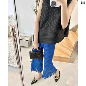 ナチュラルコーデ ワイドパンツ アラサー 大人 外商 ミヤケ パンツ レディース 夏 ハイエンド プリーツ ブルー スリム タッセル ストレート 九分丈 パンツ
