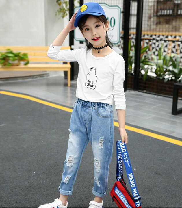 楽天市場】韓国子供服 おしゃれ 女の子 デニムダメージジーンズ 