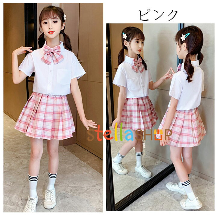 楽天市場 韓国子供服 キッズ 制服 夏服 夏着 女の子 セットアップ おしゃれ 学院風 3点セット 子供スーツ フォーマルスーツ 発表会 同窓会 上下セット 女の子 半袖シャツ リボン チェック柄スカート スウィート Jk 制服 ピンク パープル ブルー 夏着 1 130 140 150 160