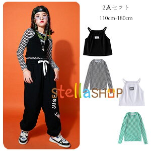 �_���X�ߑ� ���̎q hiphop K-pop �g�b�v�X 2�_�Z�b�g ���� �c�̕� ���o�� �u���b�N �O���[�� ���� �`�F�b�N�� �g�b�v�X+�x�X�g �_���X�E�F�A �X�e�[�W�ߑ� jazz �t�@�b�V���� ���h�n �̈�� ������