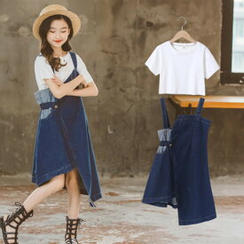 韓国子供服 女の子 セットアップ レジャー おしゃれ 夏服 Tシャツ + デニムストラップスカート 2点セット 丸首 半袖 Tシャツ 不規則 スカートロング丈 キッズ ガールズ 夏着 お出かけ 通学着 海外旅行 ホワイト ピンク 110cm 120cm 130cm 140cm 150cm 160cm