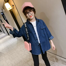 韓国子供服 シャツ 女の子 新作 春服 秋服 無地 長袖 前開 キッズ カーディガン 子ども トップス デニムシャツ カジュアル 可愛い 女児 普段着 通学 通園 ブルー 110cm 120cm 130cm 140cm 150cm 160cm