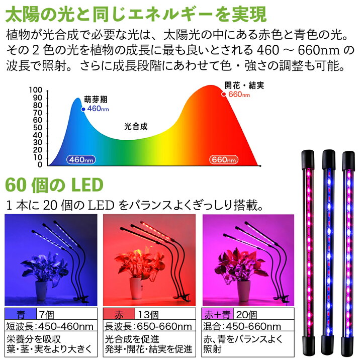 楽天市場 P2倍 スーパーセールクーポン配布中 植物育成ライト Led 3灯 クリップ 観葉植物 植物育成ライト3灯 タイマー 植物 成長 Led 植物育成 太陽光 植物用 多肉植物 植物工場 育つ 波長 室内栽培 園芸用品専門店 Step One